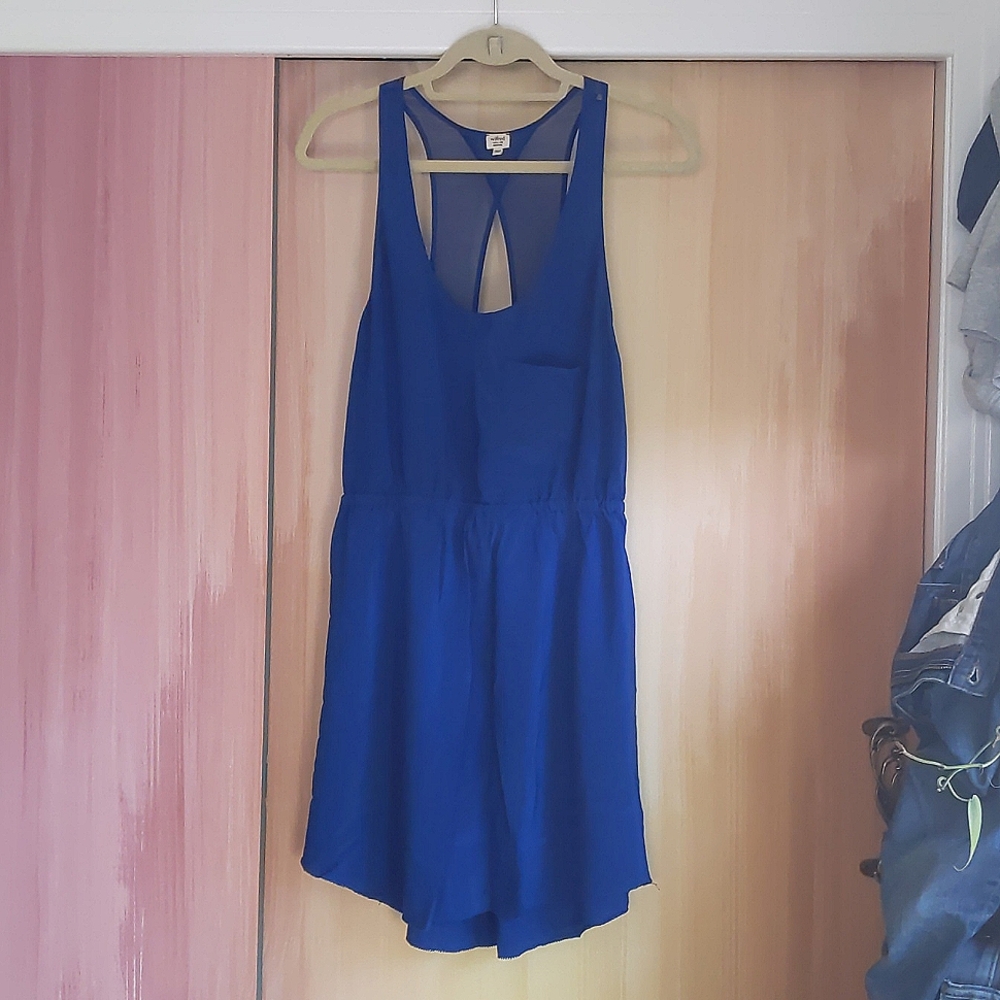 Wilfred Aritzia blue silk open back sleeveless stretch elastic waist mini dress